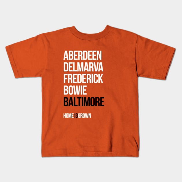 "Homegrown Series" Baltimore: M&M (Orange) Kids T-Shirt by alanduda